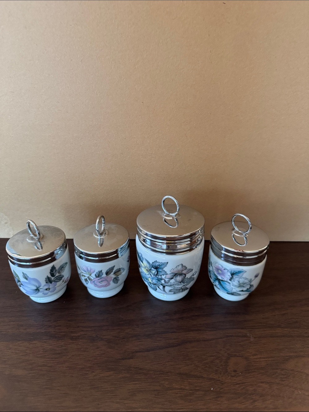 4 Vintage Royal Worcester Egg Coddlers 2-June Garland & 2-Woodland Set